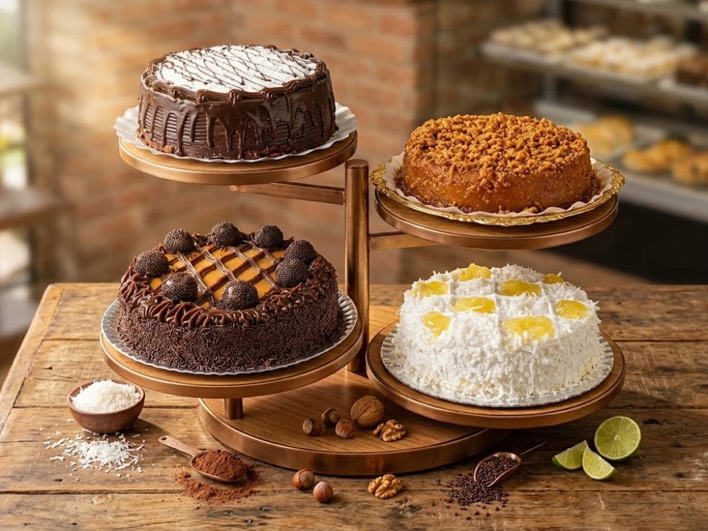Bolos e tortas em expositor: chocolate, brigadeiro, coco com abacaxi e bolo de fubá