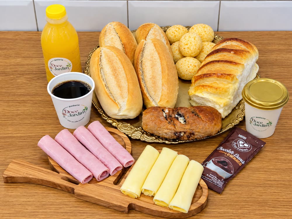 Café da manhã da Doce Jardim: pães, café, suco, presunto, queijo e achocolatado